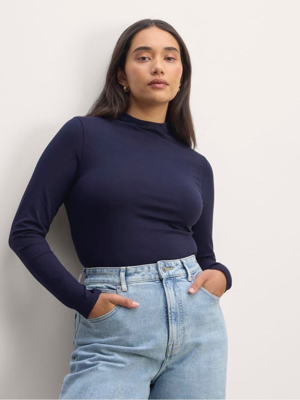 Everlane The Form Funnel Neck Long Sleeve Tee T-Shirt XS Navy Blue Supima Cotton